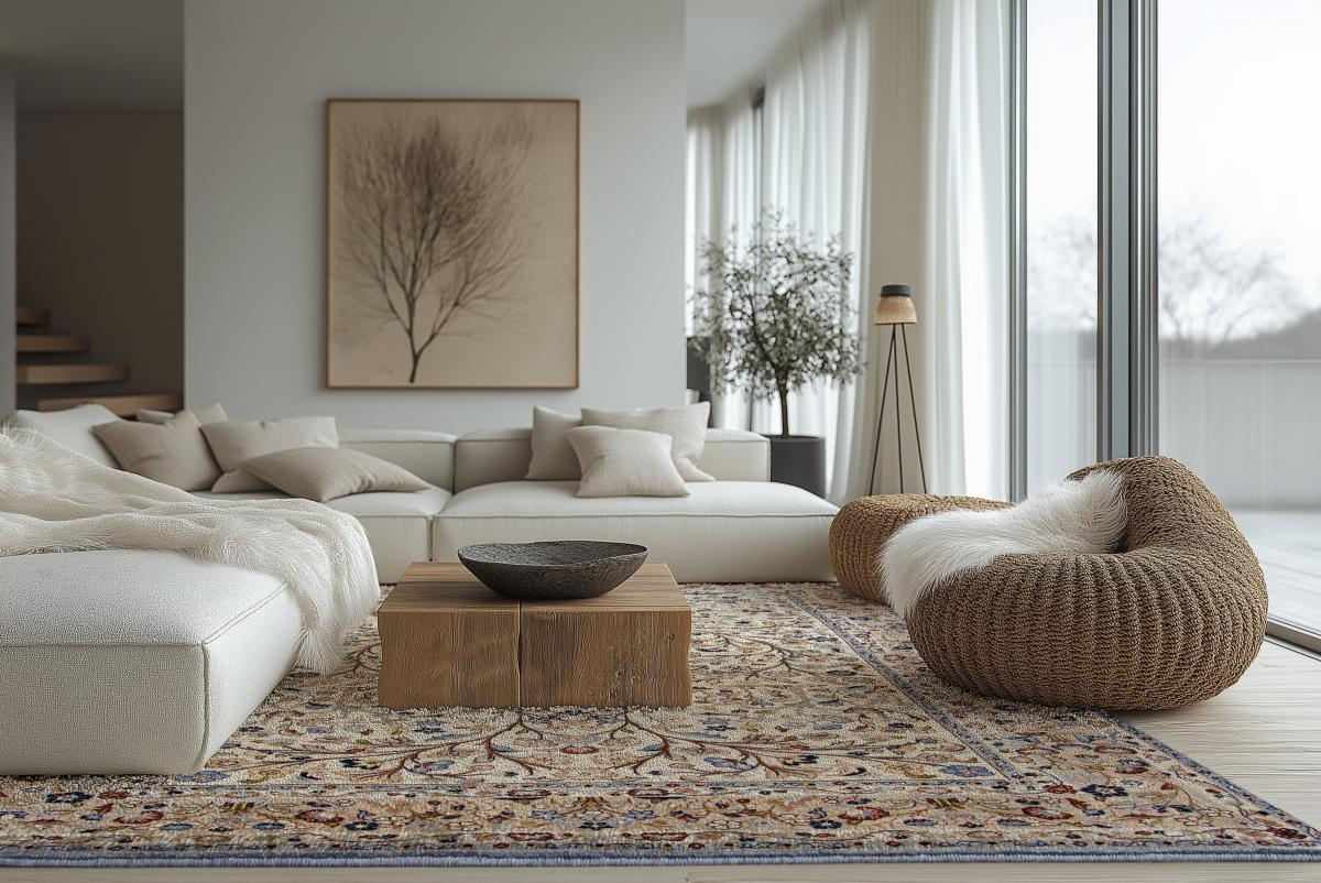 Sala de estar clara com tapete oriental clássico em creme com padrões florais, sofá de canto bege, m